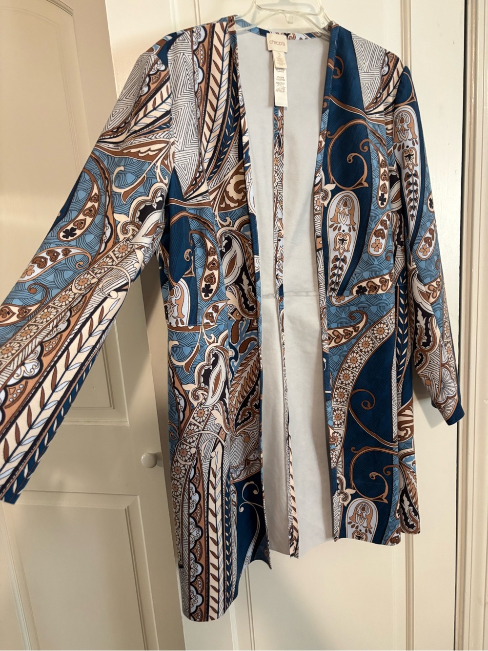 Chico's Longline Open-Front Jacket in Blue, Brown & White Paisley